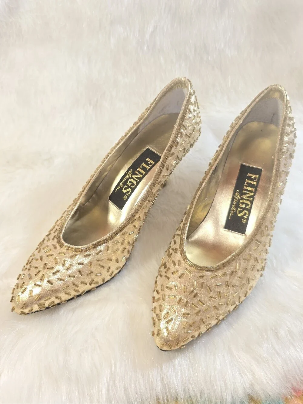 Flings After Six Women's Gold Lamé Beaded Pointed-Toe Women’s Pumps